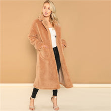Load image into Gallery viewer, SHEIN Brown Casual Thermal Solid Pocket Notch Collar Single Breasted Teddy Long Coat Autumn Office Lady Women Coat And Outerwear