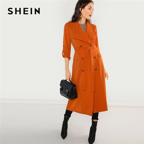 SHEIN Orange Office Lady Solid Belted Waist Double Breasted Waterfall Coat Autumn Elegant Workwear Women Coats And Outerwear