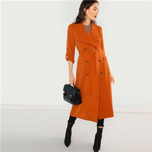 Load image into Gallery viewer, SHEIN Orange Office Lady Solid Belted Waist Double Breasted Waterfall Coat Autumn Elegant Workwear Women Coats And Outerwear