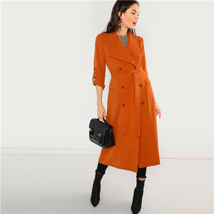 SHEIN Orange Office Lady Solid Belted Waist Double Breasted Waterfall Coat Autumn Elegant Workwear Women Coats And Outerwear