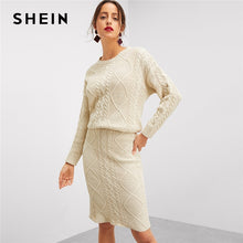 Load image into Gallery viewer, SHEIN Beige Elegant Solid Eyelet Detail Mixed Knit O-Neck Long Sleeve Top And Skinny Skirt Set Autumn Workwear Women Two Pieces