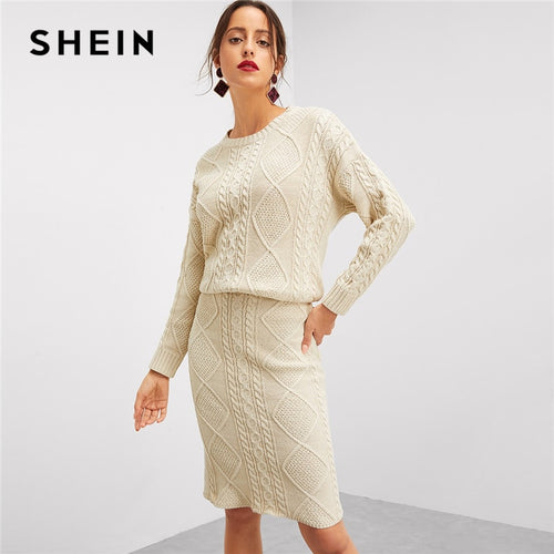 SHEIN Beige Elegant Solid Eyelet Detail Mixed Knit O-Neck Long Sleeve Top And Skinny Skirt Set Autumn Workwear Women Two Pieces