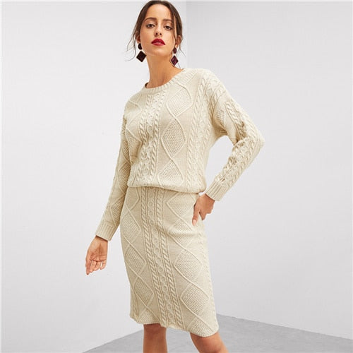 SHEIN Beige Elegant Solid Eyelet Detail Mixed Knit O-Neck Long Sleeve Top And Skinny Skirt Set Autumn Workwear Women Two Pieces