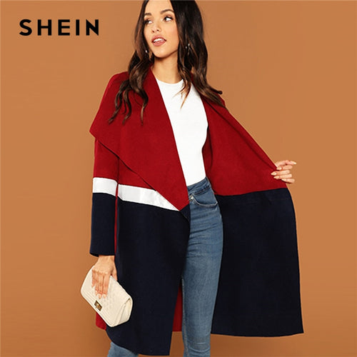 SHEIN Multicolor Waterfall Collar Color Block Coat Elegant Long Sleeve Knee Length Outerwear Women Workwear Autumn Coats