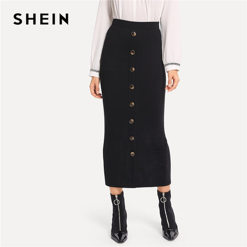 SHEIN Black Office Lady Solid Button Front High Waist Bodycon Pencil Elegant Skirt Autumn Workwear Fashion Women Skirts