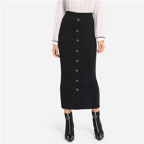 SHEIN Black Office Lady Solid Button Front High Waist Bodycon Pencil Elegant Skirt Autumn Workwear Fashion Women Skirts