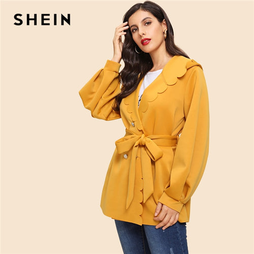 SHEIN Ginger Casual Solid Hooded Belted Button Front Scallop Trim Coat Autumn Workwear Modern Lady Women Coats Outerwear