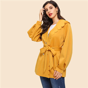 SHEIN Ginger Casual Solid Hooded Belted Button Front Scallop Trim Coat Autumn Workwear Modern Lady Women Coats Outerwear