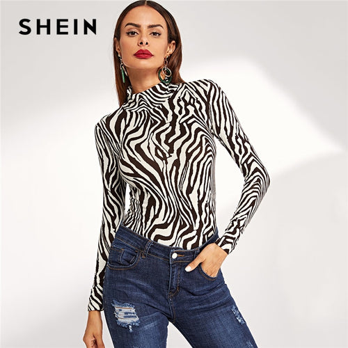 SHEIN Multicolor Modern Lady Weekend Casual High Neck Zebra Print Long Sleeve Slim Fit Tee 2018 Autumn Women Tshirt Top