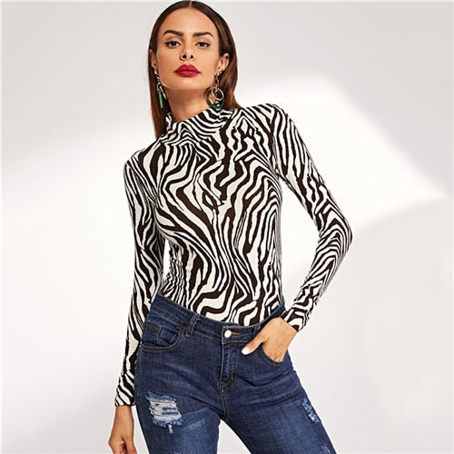 SHEIN Multicolor Modern Lady Weekend Casual High Neck Zebra Print Long Sleeve Slim Fit Tee 2018 Autumn Women Tshirt Top
