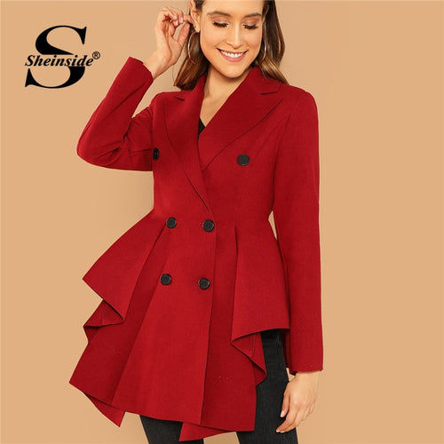 Sheinside Red Double Breasted Asymmetric Flared Skirt Coat Autumn Elegant 2018 Office Ladies Workwear Notched Collar Outerwear