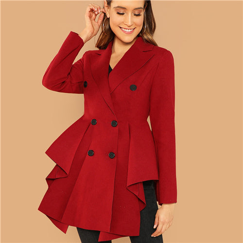 Sheinside Red Double Breasted Asymmetric Flared Skirt Coat Autumn Elegant 2018 Office Ladies Workwear Notched Collar Outerwear