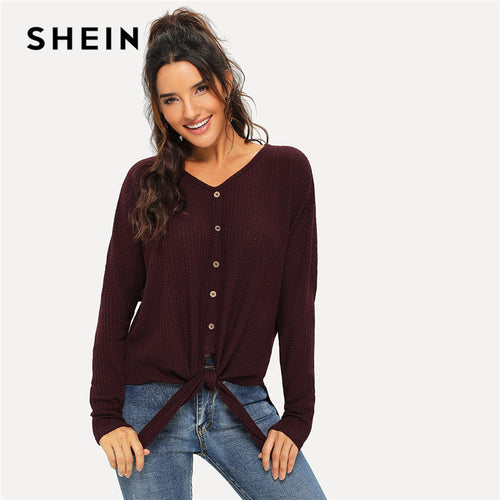 SHEIN Maroon Modern Lady Weekend Casual Button Front V-Neck Knot Long Sleeve Pullovers Tee 2018 Autumn Women Tshirt Top