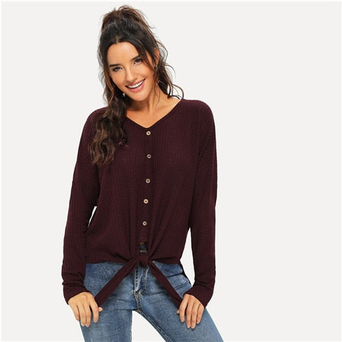 SHEIN Maroon Modern Lady Weekend Casual Button Front V-Neck Knot Long Sleeve Pullovers Tee 2018 Autumn Women Tshirt Top