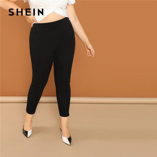 SHEIN Black Plus Size Elastic Waist Women Casual Skinny Trousers Slim Fit Jersey Pencil Pants