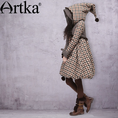 ARTKA Women's Winter Pointed Hood Rabbit Fur Plaid Embroidery Bow Warm Wadded Outerwear Long A-line Casual Padded Coat A09860