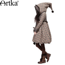 Load image into Gallery viewer, ARTKA Women&#39;s Winter Pointed Hood Rabbit Fur Plaid Embroidery Bow Warm Wadded Outerwear Long A-line Casual Padded Coat A09860