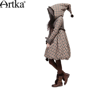 ARTKA Women's Winter Pointed Hood Rabbit Fur Plaid Embroidery Bow Warm Wadded Outerwear Long A-line Casual Padded Coat A09860