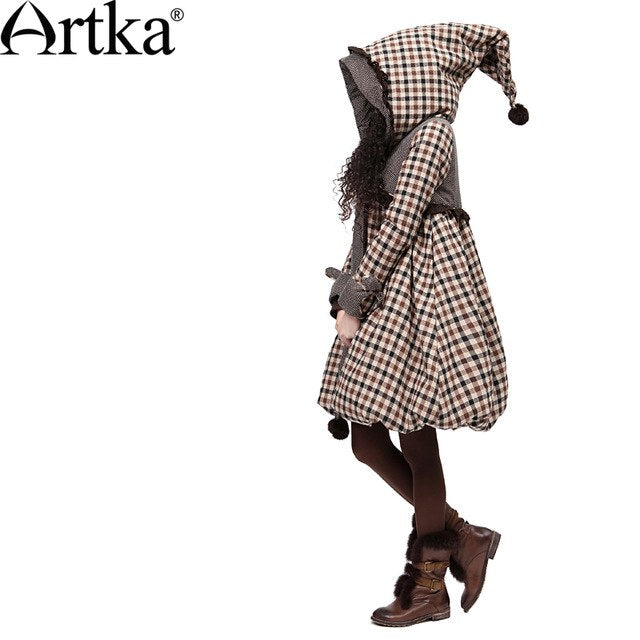 ARTKA Women's Winter Pointed Hood Rabbit Fur Plaid Embroidery Bow Warm Wadded Outerwear Long A-line Casual Padded Coat A09860