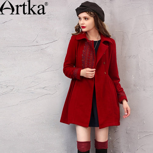 ARTKA Winter Women's Wool Coat Embroidery Outerwear Turn-Down Collar Ladies Overcoat Vintage Jacket Female Warm Coat FA10242D
