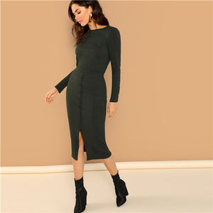 SHEIN Green Office Lady Solid Round Neck