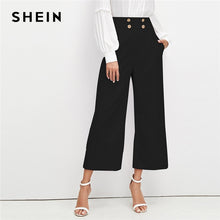 Load image into Gallery viewer, SHEIN Black Office Lady Solid Double Breasted Embellished Slant Pocket Wide Leg Pants Autumn Elegant Workwear Women Trousers