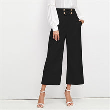 Load image into Gallery viewer, SHEIN Black Office Lady Solid Double Breasted Embellished Slant Pocket Wide Leg Pants Autumn Elegant Workwear Women Trousers