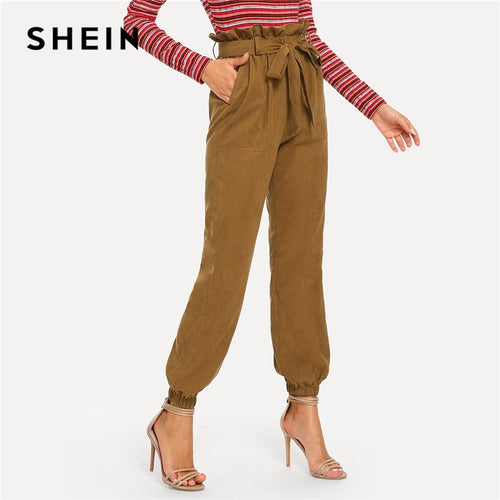 SHEIN Brown Casual Solid Belted Pocket High Waist Pants Autumn Office Lady Elegant Women Trousers