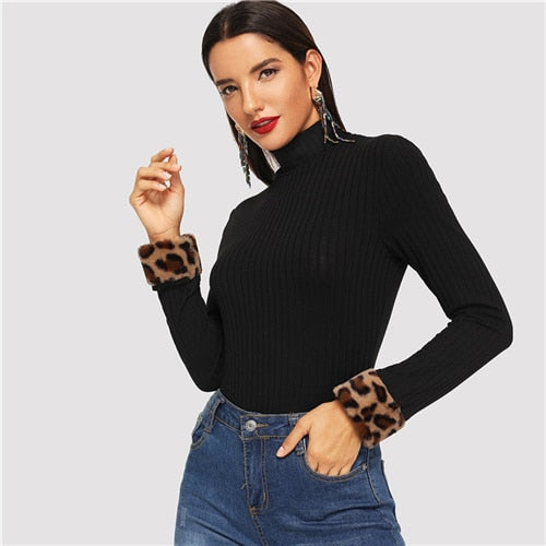 SHEIN Black Elegant Leopard Print Fur Cuff Slim Fitted High Neck Long Sleeve Workwear Tee Autumn Casual Women Tshirt And Top