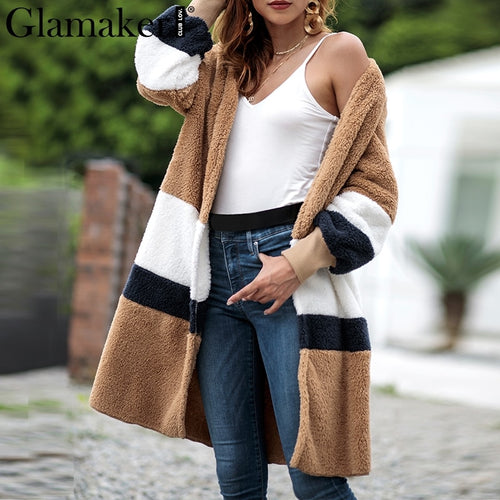 Glamaker Fluffy patchwork warm faux fur jacket Winter long sleeve plush teddy coat with fur Soft v neck casual autumn teddy coat