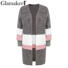 Load image into Gallery viewer, Glamaker Fluffy patchwork warm faux fur jacket Winter long sleeve plush teddy coat with fur Soft v neck casual autumn teddy coat
