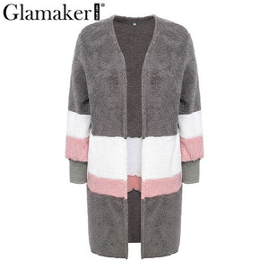 Glamaker Fluffy patchwork warm faux fur jacket Winter long sleeve plush teddy coat with fur Soft v neck casual autumn teddy coat