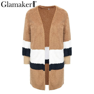 Glamaker Fluffy patchwork warm faux fur jacket Winter long sleeve plush teddy coat with fur Soft v neck casual autumn teddy coat