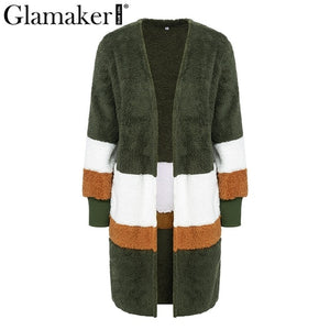 Glamaker Fluffy patchwork warm faux fur jacket Winter long sleeve plush teddy coat with fur Soft v neck casual autumn teddy coat