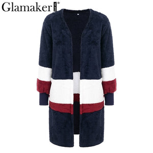 Glamaker Fluffy patchwork warm faux fur jacket Winter long sleeve plush teddy coat with fur Soft v neck casual autumn teddy coat