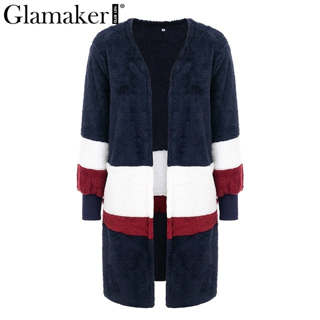 Glamaker Fluffy patchwork warm faux fur jacket Winter long sleeve plush teddy coat with fur Soft v neck casual autumn teddy coat