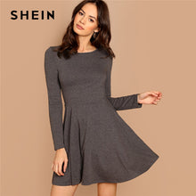 Load image into Gallery viewer, SHEIN Grey Fit and Flare Heathered Knit Dress Casual Long Sleeve Round Neck A Line Dresses Women Autumn Stretchy Short Dress