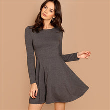 Load image into Gallery viewer, SHEIN Grey Fit and Flare Heathered Knit Dress Casual Long Sleeve Round Neck A Line Dresses Women Autumn Stretchy Short Dress