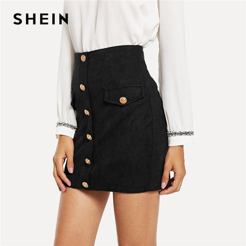 SHEIN Black Elegant Office Lady Solid Button And Pocket Front Bodycon Skirt Autumn Casual Workwear Women Short Skirts