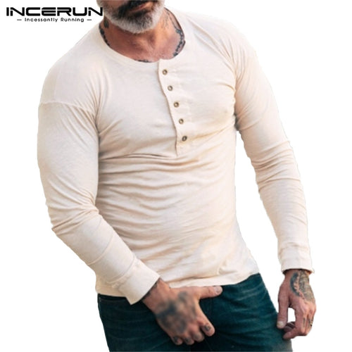 INCERUN Male Henley Shirts Muscle Mens T Shirts Long Sleeve Plain Basic Crew Neck Male T shirts Camisa Hombre Autumn Tee Tops