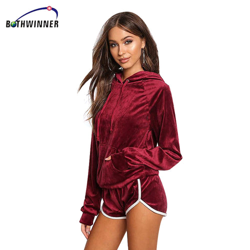 Bothwinner Sexy Women Winter Velvet Suit 2 Piece Tracksuit Set  Harajuku Blue Hoodies Sweatshirts Women Top And Shorts