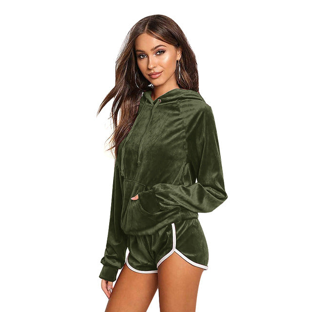 Bothwinner Sexy Women Winter Velvet Suit 2 Piece Tracksuit Set  Harajuku Blue Hoodies Sweatshirts Women Top And Shorts