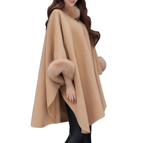 Elegant Faux Fox Fur Collar Poncho Coat Capes Women Winter Warm Wool Cloak Cape Elegant Ladies Batwing Sleeve Shawl Overcoats