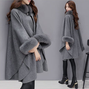 Elegant Faux Fox Fur Collar Poncho Coat Capes Women Winter Warm Wool Cloak Cape Elegant Ladies Batwing Sleeve Shawl Overcoats