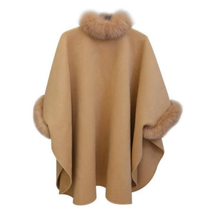 Elegant Faux Fox Fur Collar Poncho Coat Capes Women Winter Warm Wool Cloak Cape Elegant Ladies Batwing Sleeve Shawl Overcoats