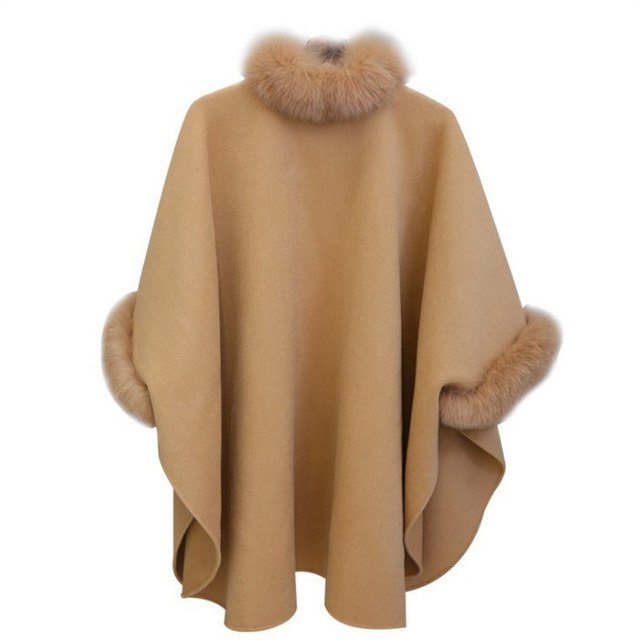 Elegant Faux Fox Fur Collar Poncho Coat Capes Women Winter Warm Wool Cloak Cape Elegant Ladies Batwing Sleeve Shawl Overcoats