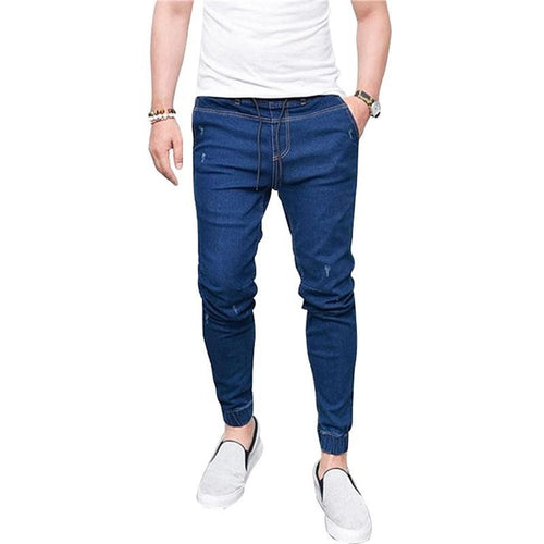 New Simple Solid Color Stretch Slim Male Jeans Trousers Elastic Waist Drawstring Fashion Feet Pants Men