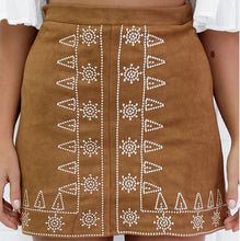 Load image into Gallery viewer, Symmetrical embroidered suede bag hip skirt early autumn street skirt,Embroidery A-line Skirt (Black and Brown)