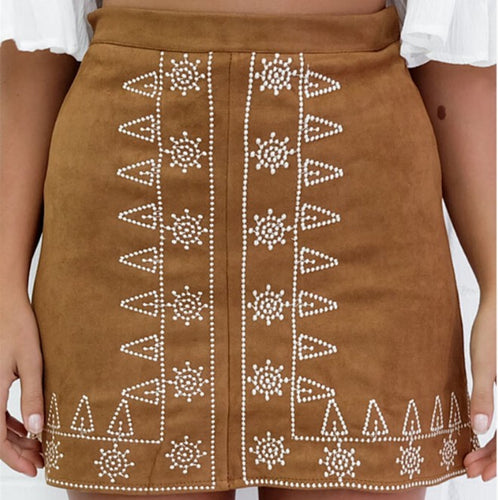 Symmetrical embroidered suede bag hip skirt early autumn street skirt,Embroidery A-line Skirt (Black and Brown)