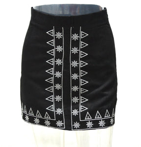 Symmetrical embroidered suede bag hip skirt early autumn street skirt,Embroidery A-line Skirt (Black and Brown)